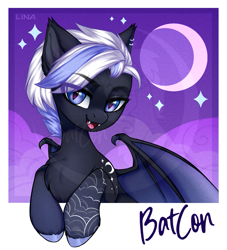Size: 1377x1515 | Tagged: safe, artist:lina, derpibooru import, oc, oc only, bat pony, bat pony oc, commission, looking at you, merchandise, moon, smiling, smiling at you, sticker, wings