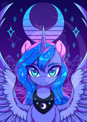 Size: 2480x3508 | Tagged: source needed, safe, artist:lina, derpibooru import, princess luna, alicorn, pony, g4, commission, horn, jewelry, looking at you, merchandise, moon, print, regalia, retro, retrowave, solo, sparkles, spread wings, wings
