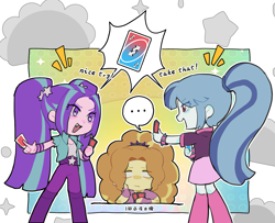 Size: 2577x2088 | Tagged: safe, artist:yanming98294, derpibooru import, adagio dazzle, aria blaze, sonata dusk, human, equestria girls, g4, ..., abstract background, chibi, fangs, open mouth, playing card, speech bubble, text, the dazzlings, uno, uno reverse card