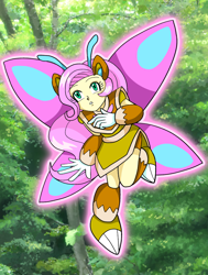 Size: 1676x2217 | Tagged: safe, artist:rockmangurlx, derpibooru import, fluttershy, human, robot, butterfly wings, female, forest, gynoid, humanized, mega man (series), nature, tree, wings
