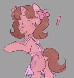Size: 1452x1524 | Tagged: safe, artist:mikako, derpibooru import, oc, pony, unicorn, apron, bipedal, bow, brown mane, butt, chest fluff, clothes, female, hair bow, horn, large butt, mare, plot, solo, unicorn oc