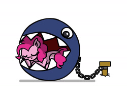 Size: 1800x1350 | Tagged: safe, artist:flutterluv, derpibooru import, pinkie pie, earth pony, pony, g4, chain chomp, chains, crossover, female, mare, ponified animal photo, simple background, sleeping, solo, super mario bros., white background