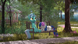 Size: 3840x2160 | Tagged: safe, artist:owlpirate, derpibooru import, bon bon, lyra heartstrings, sweetie drops, earth pony, pony, unicorn, g4, 3d, 4k, bench, duo, duo female, female, gazebo, high res, horn, lesbian, looking up, lying down, lyrabon, mare, nature, outdoors, park, prone, shipping, sitting, sleeping, smiling, source filmmaker, tree
