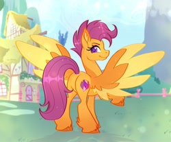 Size: 3973x3284 | Tagged: safe, artist:noctivage, derpibooru import, scootaloo, pegasus, pony, butt, ear fluff, ears, feathered wings, featureless crotch, female, flank, hoof fluff, large wings, long tail, mare, older, older scootaloo, orange coat, plot, ponyville, raised hoof, raised leg, short hair, solo, tail, wings
