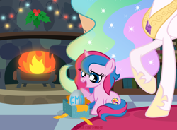 Size: 1200x885 | Tagged: safe, artist:jennieoo, derpibooru import, princess celestia, oc, oc:star sparkle, alicorn, pony, unicorn, chimney, decoration, female, filly, fire, fireplace, foal, happy, holly, horn, mare, open mouth, open smile, present, raised hoof, raised leg, show accurate, sitting, smiling, vector