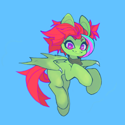 Size: 850x850 | Tagged: safe, artist:cutesykill, derpibooru import, oc, oc only, oc:enokai, bat pony, pony, bandana, bat pony oc, big ears, big eyes, blank flank, blue background, colored eyebrows, commission, ears, eyebrows, eyebrows visible through hair, female, green coat, looking at you, mare, multicolored mane, neckerchief, purple eyes, raised hooves, red mane, red tail, saturated, simple background, smiling, smiling at you, solo, spiky mane, spiky tail, spread wings, tail, thick eyelashes, two toned eyes, wingding eyes, wings