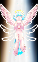 Size: 1100x1798 | Tagged: safe, artist:ohnancy, derpibooru import, cozy glow, pegasus, pony, beam of light, eyes closed, female, filly, foal, halo, solo, spread wings, wings