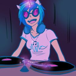 Size: 500x500 | Tagged: artist needed, safe, derpibooru import, dj pon-3, vinyl scratch, human, unicorn, g4, glasses, glowing, glowing horn, headphones, horn, humanized, magic, open mouth, record, turntable