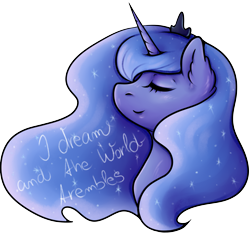 Size: 2025x1884 | Tagged: safe, artist:coco-drillo, derpibooru import, princess luna, alicorn, pony, ear fluff, ears, eyes closed, flowing mane, night, night sky, quote, simple background, sky, solo, transparent background, warcraft, world of warcraft, ysera