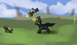 Size: 1989x1163 | Tagged: safe, artist:neuro, derpibooru import, oc, oc only, oc:anon filly, pony, unicorn, female, filly, foal, gun, helldivers, helldivers 2, horn, magic, telekinesis, weapon