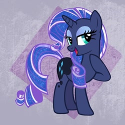 Size: 640x640 | Tagged: safe, artist:cinnaminnow, derpibooru import, princess luna, rarity, pony, unicorn, g4, eyeshadow, female, hoof on neck, horn, lidded eyes, makeup, mare, open mouth, open smile, palette swap, recolor, smiling, solo, tabitha st. germain, voice actor joke