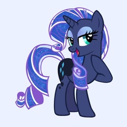 Size: 640x640 | Tagged: safe, alternate version, artist:cinnaminnow, derpibooru import, princess luna, rarity, pony, unicorn, g4, eyeshadow, female, hoof on neck, horn, lidded eyes, makeup, open mouth, open smile, palette swap, recolor, simple background, smiling, solo, white background