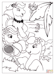 Size: 615x836 | Tagged: safe, derpibooru import, bird, earth pony, pony, seahorse, g2, beach, coloring page, female, flower, flower in hair, flower on ear, gif, hoof hold, lei, lineart, mare, non-animated gif, ocean, open mouth, open smile, palm tree, smiling, tennis racket, tree, trio, unknown pony, water