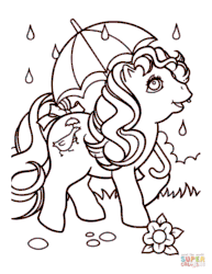 Size: 672x869 | Tagged: safe, derpibooru import, baby quackers, earth pony, pony, g1, coloring page, female, filly, first tooth pony, flower, foal, gif, non-animated gif, open mouth, open smile, rain, smiling, solo, tooth, umbrella