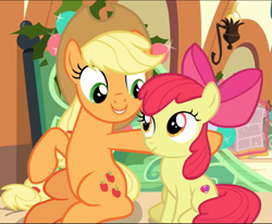 Size: 969x799 | Tagged: safe, derpibooru import, screencap, apple bloom, applejack, earth pony, pony, g4, hearthbreakers, apple sisters, cropped, duo, siblings, sisters, sitting, smiling, solo