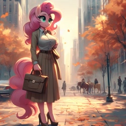Size: 1024x1024 | Tagged: safe, ai content, derpibooru import, machine learning generated, pinkie pie, anthro, earth pony, plantigrade anthro, g4, autumn, bag, big breasts, breasts, businessmare, button-up shirt, city, clothes, cute, female, handbag, high heels, long skirt, mare, office lady, pavement, pinkie pies, pleated skirt, prompter:horselover fat, shirt, shoes, skirt, smiling, standing, tree, wrong eye color