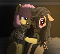 Size: 3960x3528 | Tagged: safe, artist:undisputed, derpibooru import, oc, oc only, pegasus, pony, armor, bed, bedsheets, blushing, duo, female, hug, long hair, mare, pegasus oc, smiling