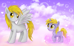 Size: 1803x1119 | Tagged: safe, artist:mn27, derpibooru import, derpy hooves, dinky hooves, pegasus, pony, unicorn, g4, blank flank, bubble, cloud, cloud walking spell, cute, derpabetes, dinkabetes, duo, duo female, female, filly, foal, heart, hooves, horn, mare, mother and child, mother and daughter, on a cloud, open mouth, parent and child, raised hoof, raised leg, sky, smiling, spread wings, standing on a cloud, wings