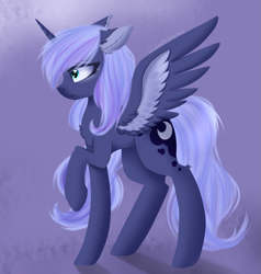 Size: 1405x1477 | Tagged: safe, artist:queenofsilvers, derpibooru import, princess luna, alicorn, pony, g4, chest fluff, ear fluff, ears, female, floppy ears, heart, heart eyes, horn, leg fluff, mare, missing accessory, profile, raised hoof, raised leg, s1 luna, side view, signature, simple background, solo, spread wings, style emulation, tail, wingding eyes, wings