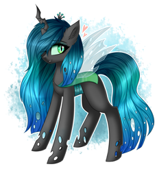 Size: 1665x1700 | Tagged: safe, artist:queenofsilvers, derpibooru import, queen chrysalis, changeling, changeling queen, g4, crown, cute, cutealis, ear fluff, ears, eye clipping through hair, eyebrows, eyebrows visible through hair, female, hair over one eye, heart, horn, jewelry, long mane, looking at you, one eye closed, regalia, signature, slit eyes, smiling, smiling at you, solo, tail, transparent wings, wings