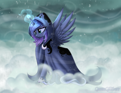Size: 2222x1700 | Tagged: safe, artist:queenofsilvers, derpibooru import, princess luna, alicorn, pony, a hearth's warming tail, g4, blizzard, cloak, clothes, eye clipping through hair, eyebrows, eyebrows visible through hair, female, glowing, glowing horn, hoof shoes, hooves, horn, magic, magic aura, mare, outdoors, princess shoes, signature, snow, snowfall, solo, spirit of hearth's warming yet to come, spread wings, wind, wings