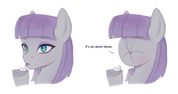 Size: 2384x1270 | Tagged: safe, artist:tanatos, derpibooru import, maud pie, earth pony, pony, g4, 2 panel comic, bust, comic, female, food, lemon, meme, portrait, pucker, puckered face, scrunchy face, silly, silly pony, simple background, sketch, solo, stone, tongue, tongue out, white background