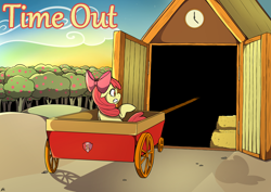 Size: 4092x2893 | Tagged: safe, artist:natt333, derpibooru import, apple bloom, earth pony, pony, fanfic:time out, g4, apple, apple cart, apple tree, author:shakespearicles, barn, bow, bowtie, building, clock, closed mouth, clothes, cloud, cover art, dawn, door, doors, eyebrows, eyelashes, eyes open, fanfic art, fear, female, filly, foal, food, fruit, gritted teeth, ground, hay, hay bale, high res, horrified, implied foalcon, implied incest, implied unbirthing, logo, nostrils, number, open door, outdoors, rope, scared, shakespearicles, shield, signature, sky, solo, stars, sun, sunrise, sweet apple acres, teeth, terrified, text, title, tree, wagon, wall of tags, wheel