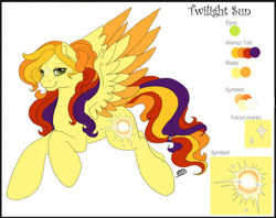 Size: 600x474 | Tagged: safe, artist:silvermoonbreeze, derpibooru import, oc, oc only, oc:twilight sun, pegasus, pony, coat markings, color palette, colored wings, colored wingtips, facial markings, female, flying, looking at you, mare, reference sheet, simple background, solo, spread wings, star (coat marking), white background, wings