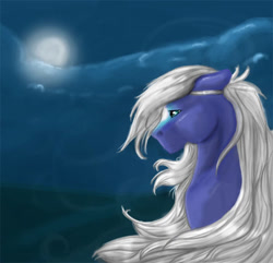 Size: 605x584 | Tagged: safe, artist:silvermoonbreeze, derpibooru import, oc, oc only, oc:starlight (silvermoonbreeze), pegasus, 2010, bust, coat markings, ears back, facial markings, male, moon, night, pegasus oc, stallion, star (coat marking), windswept mane