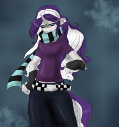 Size: 507x537 | Tagged: safe, artist:silvermoonbreeze, derpibooru import, oc, oc only, oc:moonbreeze, anthro, unicorn, 2010, 30 minute art challenge, belt, blue background, clothes, facial markings, female, fingerless gloves, gloves, hand on hip, horn, mare, scarf, shirt, simple background, solo, striped scarf, t-shirt