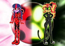 Size: 2084x1500 | Tagged: safe, artist:machakar52, derpibooru import, sci-twi, sunset shimmer, twilight sparkle, human, equestria girls, g4, adrien agreste, alternate hairstyle, animal costume, bodysuit, boots, cat costume, cat ears, cat noir, cat tail, clothes, cosplay, costume, crossover, hand on hip, jacket, ladybug (miraculous ladybug), ladybug costume, looking at each other, looking at someone, marinette dupain-cheng, mask, miraculous ladybug, open mouth, open smile, pigtails, ponytail, shoes, smiling, tail