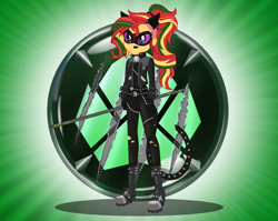 Size: 1884x1500 | Tagged: safe, artist:machakar52, derpibooru import, sunset shimmer, human, equestria girls, g4, adrien agreste, alternate hairstyle, animal costume, belt, bodysuit, boots, cat costume, cat ears, cat tail, claw noir, clothes, costume, crossover, frown, high heel boots, jacket, mask, miraculous ladybug, ponytail, purple eyes, shoes, tail