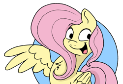 Size: 975x663 | Tagged: safe, artist:doodledonutart, derpibooru import, fluttershy, pegasus, pony, g4, chest fluff, female, mare, one wing out, open mouth, open smile, simple background, smiling, solo, white background, wings