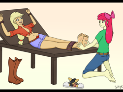 Size: 1600x1200 | Tagged: safe, artist:seltiox, derpibooru import, apple bloom, applejack, equestria girls, g4, adult, apple family member, applecest, barefoot, belly button, blonde, blonde hair, bondage, bondage furniture, clothes, converse, duo, duo female, feet, female, fetish, foot fetish, gradient background, incest, laughing, midriff, red hair, shoes, siblings, sisters, tickle fetish, tickle torture, tickling