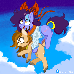 Size: 3070x3070 | Tagged: safe, artist:juniverse, derpibooru import, oc, oc:juniverse, deer, original species, reindeer, blue sky, cloud, colored, commission, deer oc, happy, holding up, jump at the sky, jumping, near from space, non-pony oc, scared, sky, spacepony