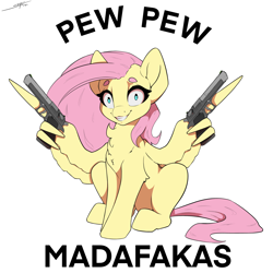 Size: 3000x3000 | Tagged: safe, artist:skitsroom, derpibooru import, fluttershy, pegasus, pony, g4, dual wield, gun, simple background, solo, trigger discipline, weapon, white background, wing hands, wings