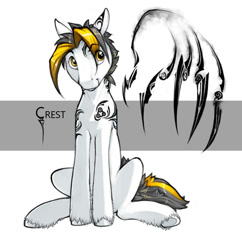 Size: 600x619 | Tagged: safe, artist:xennos, derpibooru import, oc, oc only, oc:crest, earth pony, pony, male, sitting, solo, tattoo, trinity: rebirth, unshorn fetlocks