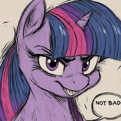 Size: 1536x1536 | Tagged: safe, ai content, derpibooru import, machine learning generated, twilight sparkle, unicorn twilight, unicorn, g4, evil grin, generator:google gemini, grin, manga style, prompter:enterusxrname, reaction image, smiling, solo, twilight snapple