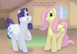 Size: 3261x2285 | Tagged: safe, artist:lupin quill, derpibooru import, fluttershy, rarity, pegasus, pony, unicorn, g4, bedroom eyes, belly, big belly, blushing, chubby, chubby cheeks, dialogue, double chin, duo, duo female, fat, fat fetish, fattershy, feedee, female, fetish, hoof on chest, horn, looking at you, raritubby, talking to viewer, this will end in weight gain, weight gain sequence