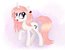 Size: 1294x1003 | Tagged: safe, artist:queenofsilvers, derpibooru import, oc, oc only, oc:candy sweet, pony, unicorn, chest fluff, ear fluff, ears, fangs, female, horn, looking at you, mare, open mouth, open smile, raised hoof, raised leg, signature, smiling, smiling at you, solo, tail, unicorn oc