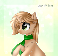 Size: 2173x2077 | Tagged: safe, artist:queenofsilvers, derpibooru import, oc, oc only, pony, unicorn, art trade, clothes, eyebrows, high res, horn, profile, scarf, side view, smiling, solo, unicorn oc