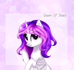 Size: 2173x2077 | Tagged: safe, artist:queenofsilvers, derpibooru import, oc, oc only, alicorn, pony, alicorn oc, art trade, ear fluff, ears, eye clipping through hair, eyebrows, eyebrows visible through hair, female, folded wings, horn, looking at you, mare, smiling, smiling at you, solo, wings