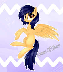 Size: 1593x1821 | Tagged: safe, artist:queenofsilvers, derpibooru import, oc, oc only, oc:vega light, pegasus, pony, female, flying, looking at you, mare, pegasus oc, signature, smiling, smiling at you, solo, spread wings, tail, wings