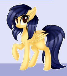 Size: 1090x1244 | Tagged: safe, artist:queenofsilvers, derpibooru import, oc, oc only, oc:vega light, pegasus, pony, ear fluff, ears, eye clipping through hair, eyebrows, eyebrows visible through hair, female, folded wings, looking at you, mare, pegasus oc, raised hoof, raised leg, smiling, smiling at you, solo, tail, wings