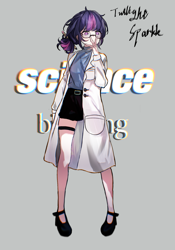 Size: 1341x1911 | Tagged: safe, artist:球球泥棍, derpibooru import, sci-twi, twilight sparkle, human, g4, belt, clothes, glasses, gray background, science, scientist, shirt, shoes, simple background, skirt, text