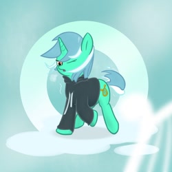 Size: 1024x1024 | Tagged: safe, artist:xinjinjumin2753560, derpibooru import, lyra heartstrings, fanfic:background pony, g4, abstract background, clothes, female, hoodie, mare, one eye closed, solo