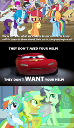 Size: 1000x1720 | Tagged: safe, derpibooru import, edit, edited screencap, editor:incredibubbleirishguy, screencap, applejack, rainbow dash, rarity, a canterlot wedding, g4, the cart before the ponies, angry, apology, car, cars (pixar), clothes, denied, furious, guilty, helmet, horrified, implied apple bloom, implied cutie mark crusaders, implied scootaloo, implied sweetie belle, lightning mcqueen, racecar, sad