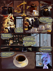 Size: 2268x3024 | Tagged: safe, artist:krapinkaius, derpibooru import, princess luna, oc, oc:golden rosetta rose, alicorn, bicorn, pony, bag, cafe, cigar, clothes, coffee, coffee grinder, coffee pot, coin, comic, cup, ethereal mane, horn, knife, libra, magic, magic aura, multiple horns, musket, necktie, photo, pillow, plague doctor mask, rain, robe, signature, silhouette, sitting, spoon, suit, table, weapon, window