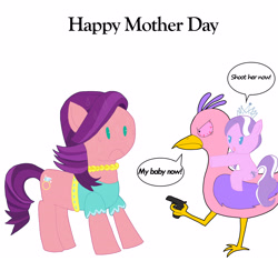 Size: 4368x4104 | Tagged: safe, artist:pokeneo1234, derpibooru import, diamond tiara, spoiled rich, g4, crossover, female, garten of banban, gun, mother and child, mother and daughter, mother's day, opila bird, parent and child, weapon