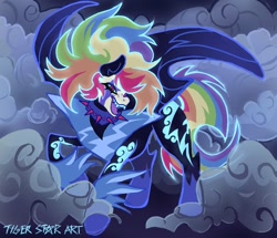 Size: 1028x883 | Tagged: safe, artist:tigerstar_art, derpibooru import, rainbow dash, pegasus, pony, g4, abstract background, alternate design, black coat, blue sclera, bracer, cloud, coat markings, collar, colored sclera, colored teeth, eternal night au (janegumball), ethereal mane, ethereal tail, female, glowing, glowing coat markings, glowing eyes, glowing mane, glowing tail, looking at you, mare, mist, multicolored hair, multicolored mane, multicolored tail, narrowed eyes, nightmare rainbow dash, nightmare takeover timeline, nightmarified, no catchlights, partially open wings, pink eyes, purple tongue, rainbow hair, rainbow tail, raised hoof, raised leg, signature, slit eyes, smiling, smiling at you, solo, spiked collar, spiky mane, spiky tail, standing, tail, teeth, thick eyelashes, tongue, tongue out, wings